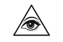 Black icon that is a Triangle with a female eye inside
