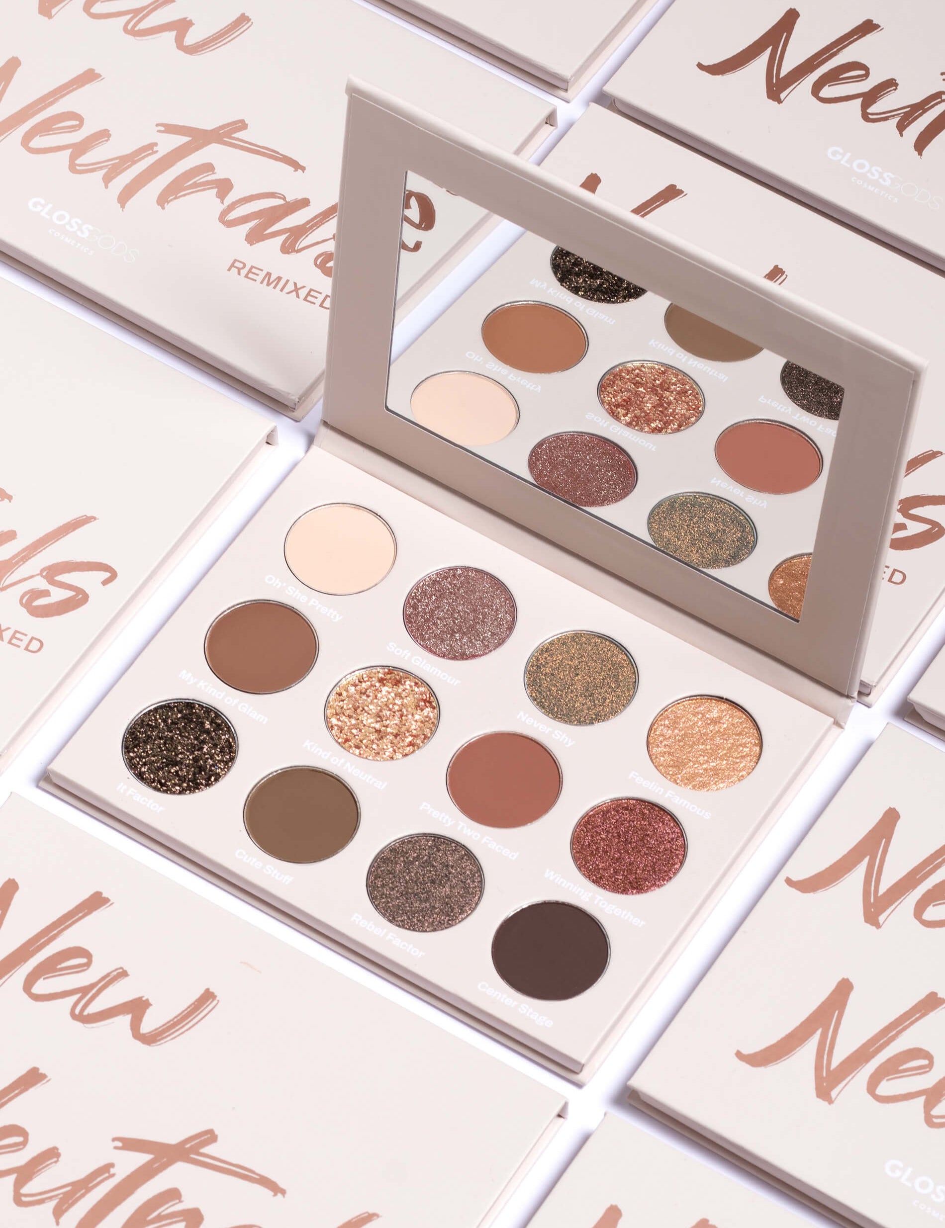 New neutrals neutral effect eyeshadow palette. 12 pan eyeshadows by Glossgods Cosmetics.